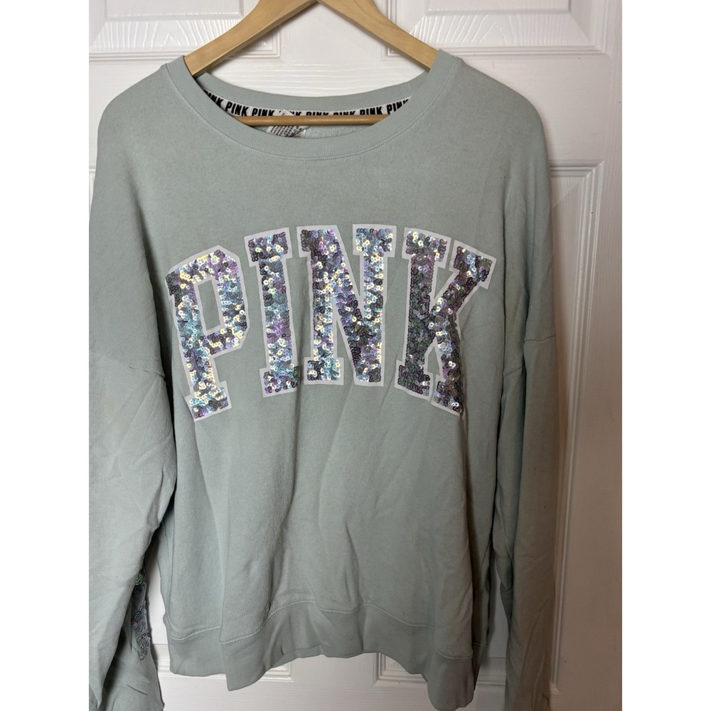 Victoria's Secret PINK Green Sequin Bling Sweatshirt Top Womens Size Medium